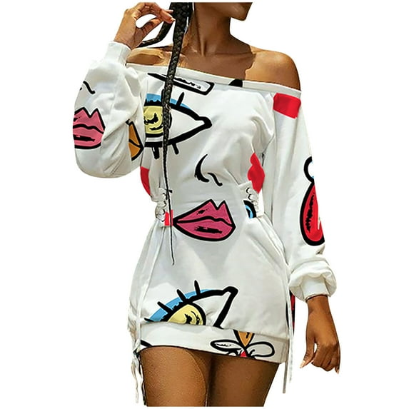 ICHUANYI Womens Casual Dress Print Shoulder Long Sleeve Off Shoulder Lace-Up Draw Back A Line Dress Summer Clearance
