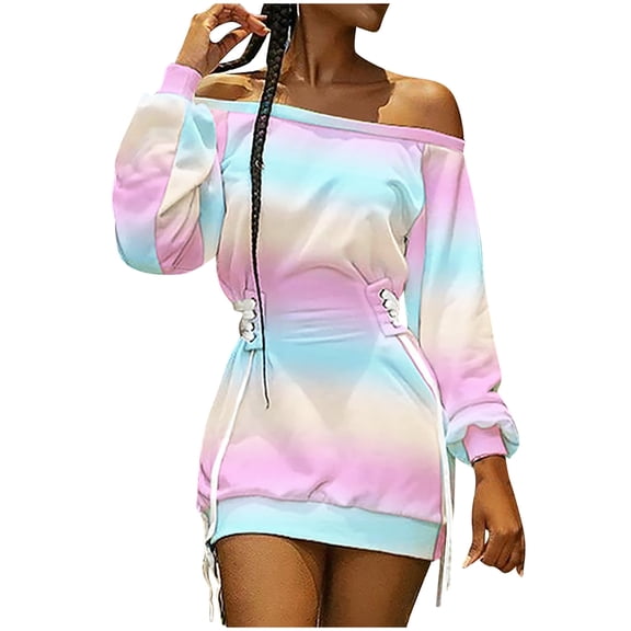 ICHUANYI Womens Casual Dress Print Shoulder Long Sleeve Off Shoulder Lace-Up Draw Back A Line Dress Summer
