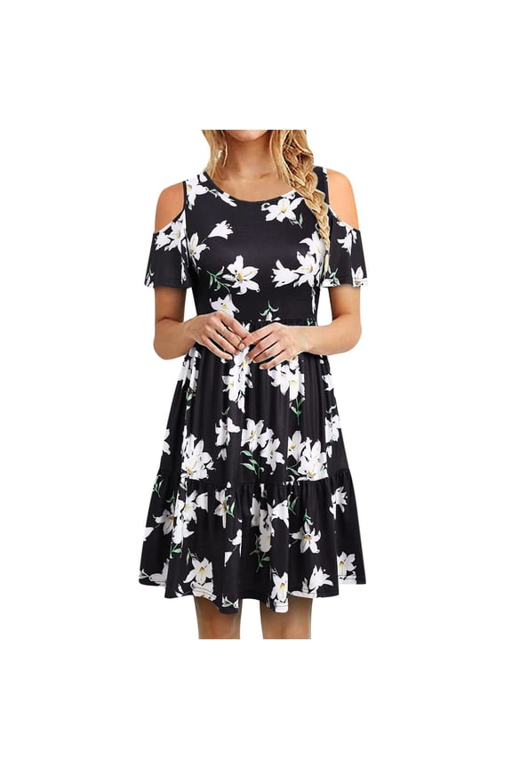 ICHUANYI Womens Casual New Trending Short Sleeve Off Shoulder Ruffle Dress Summer