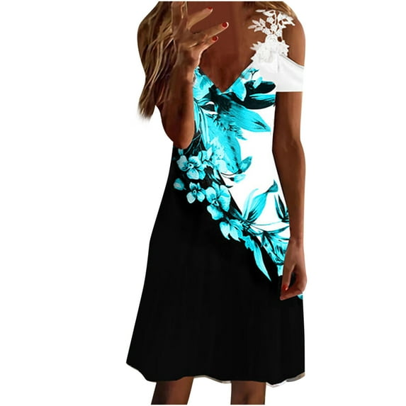 ICHUANYI Womens Casual Slimming Draw Back Print Short Sleeves V Neck Lace Cold Shoulder Dress Spring Summer Clothing