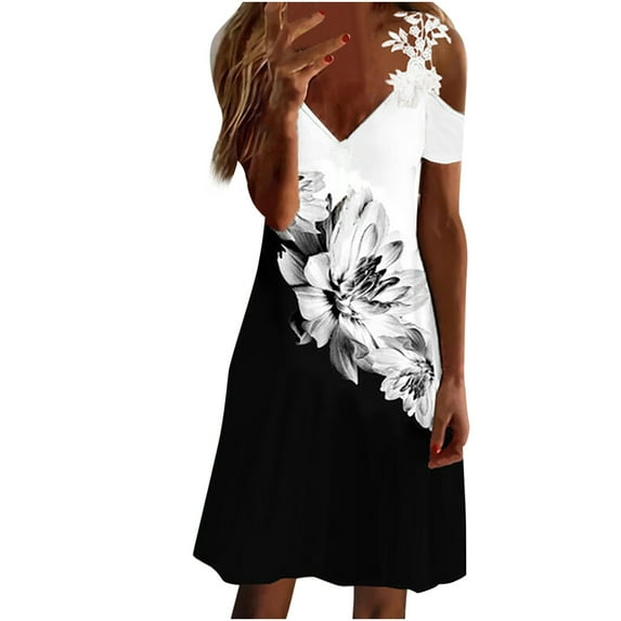 ICHUANYI Womens Casual Slimming Draw Back Print Short Sleeves V Neck Lace Cold Shoulder Dress Spring Summer Clothing