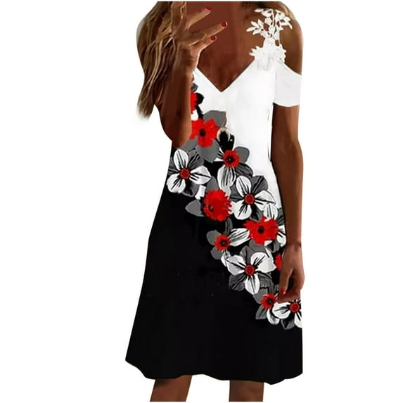 ICHUANYI Womens Casual Slimming Draw Back Print Short Sleeves V Neck Lace Cold Shoulder Dress Spring Summer Clothing