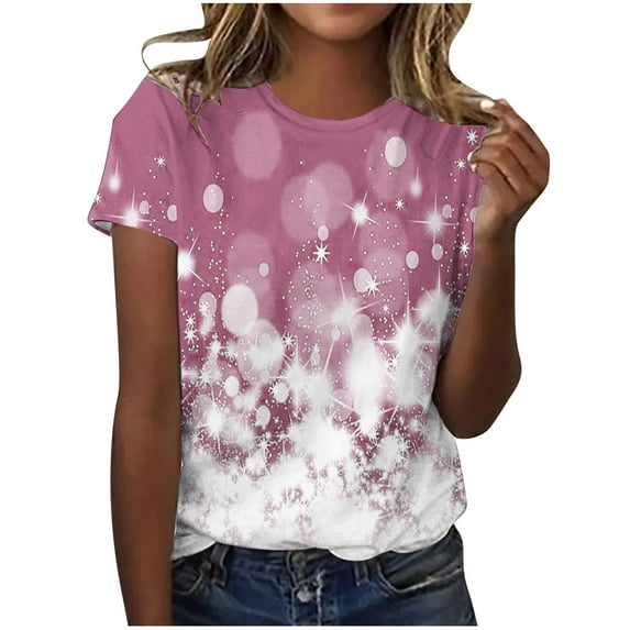 ICHUANYI Womens Casual Sparkling Crystal Print Crew Neck Short Sleeve Top Fashion Clothing