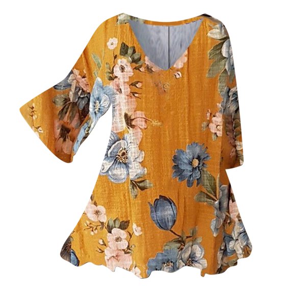 ICHUANYI Womens Chiffon Blouses Ruffle 3/4 Sleeve V Neck Floral Print Shirts Loose Fit Flowy Tunic Tops