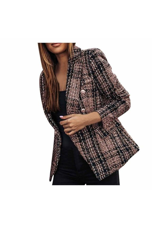 ICHUANYI Womens Classic Plaid Blazers Lapel Open Front Long Sleeve Work Office Jackets Blazer Fall Winter Clothes Outfits 2023