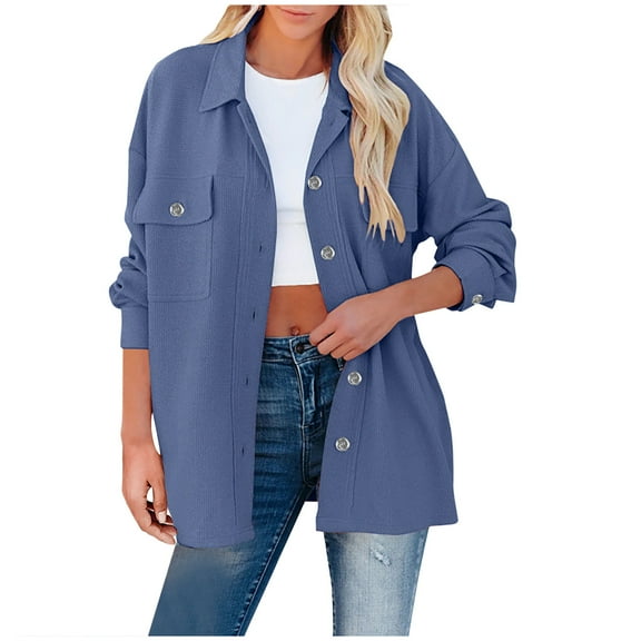 ICHUANYI Womens Classic Solid Button Down Long Sleeve Shirt Coat Flannel Jacket Casaul Loose Pocket Shirts Fall Winter Clothes Outfits 2023