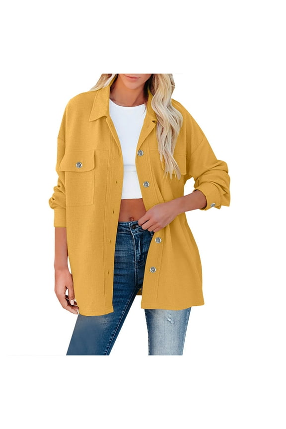 ICHUANYI Womens Classic Solid Button Down Long Sleeve Shirt Coat Flannel Jacket Casaul Loose Pocket Shirts Fall Winter Clothes Outfits 2023