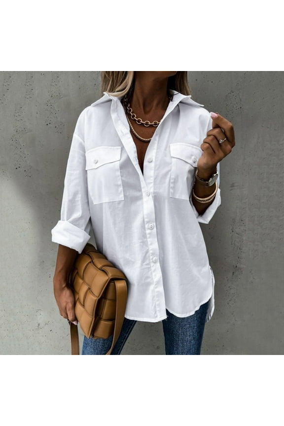 ICHUANYI Womens Classic White Shirts Solid Color Lapel Button Down Long Sleeve Blouses V Neck Casual Loose Tops