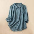 thumbnail image 1 of ICHUANYI Womens Cotton and Linen Solid Shirts Button Down Lapel Long Sleeve Blouses Fall V Neck Casual Loose Tops, 1 of 4
