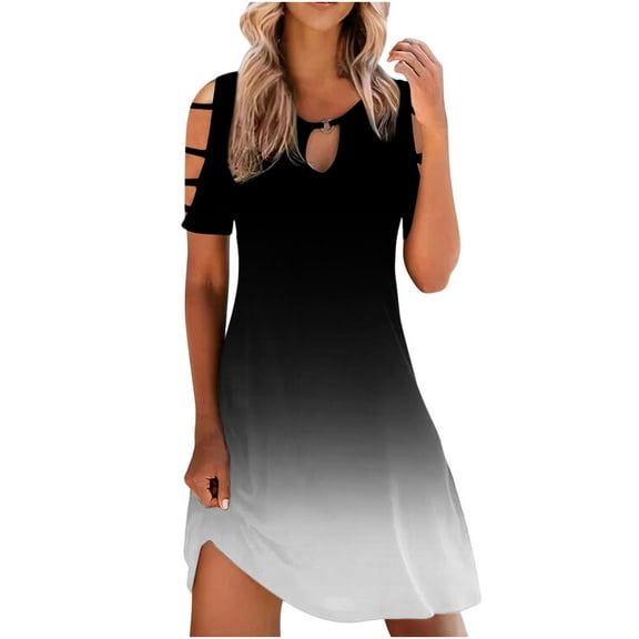 ICHUANYI Womens Dress Casual Slimming Print Short Sleeves Cold Shoulder Dresses Fashion Cloth 2024