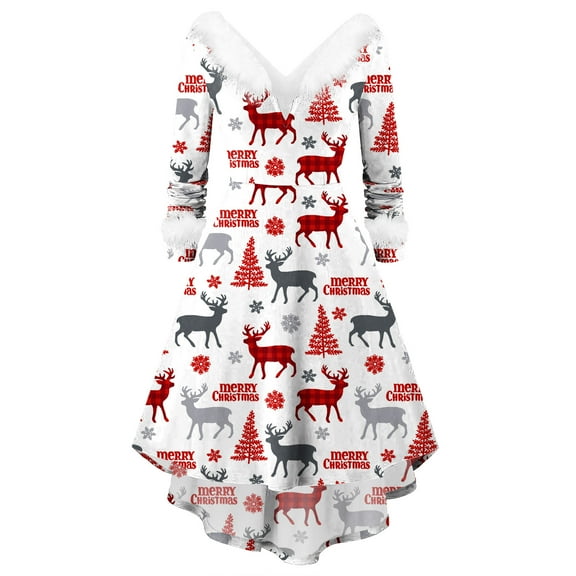 ICHUANYI Womens Dress Long Sleeve Christmas Print Furry V Neck Draw Back Dress Spring Summer Fashion 2024