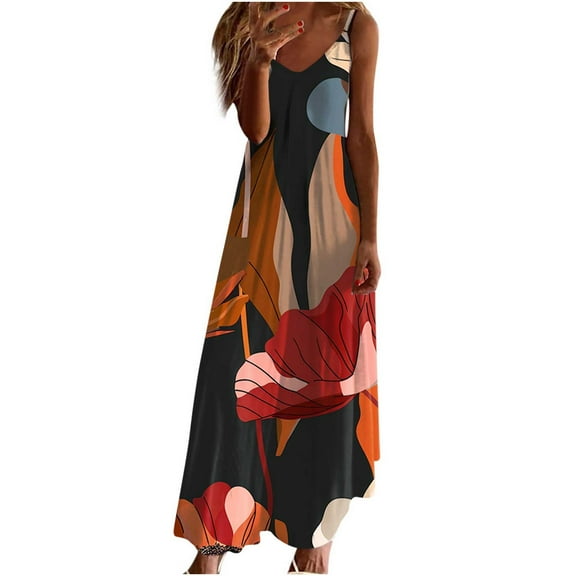 ICHUANYI Womens Dresses New Trendy Summer Casual Flower Print V-Neck Sleeveless Long Dress Tank Dresses