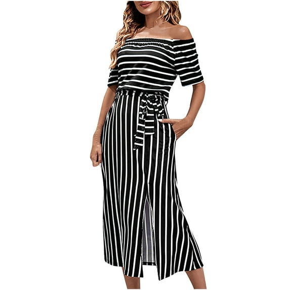 ICHUANYI Womens Elegant Colored One Shoulder Striped Dress