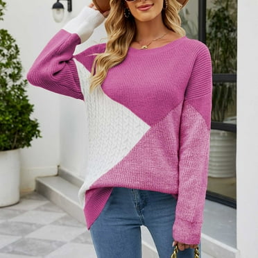 ICHUANYI Womens Elegant Crewneck Long Sleeve Sweater 2023 Fall Winter Oversized Colorblock Ribbed Knit Pullover Top