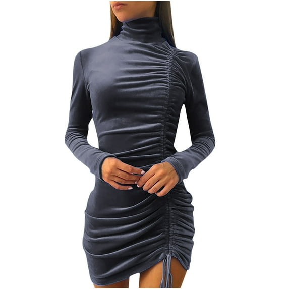 ICHUANYI Womens Elegant New Trending Turtleneck Long Sleeve Solid Color Shirring Sheath Dress Spring Summer Clothing