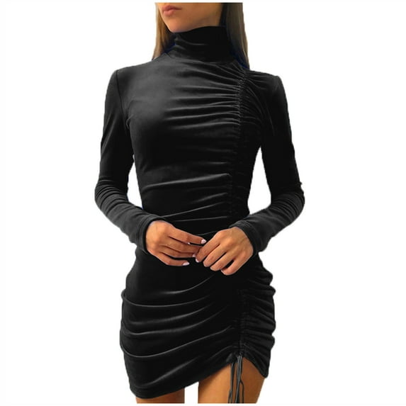 ICHUANYI Womens Elegant New Trending Turtleneck Long Sleeve Solid Color Shirring Sheath Dress Spring Summer Fashion 2024