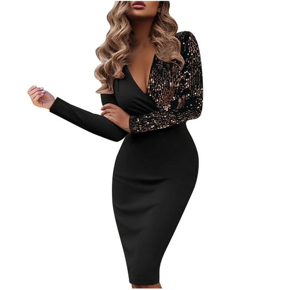 ICHUANYI Womens Elegant V Neck Sequins Dress Patch Slimming Long Sleeve Buttocks Dresses Spring Summer Clothing