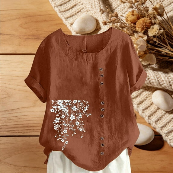 ICHUANYI Womens Embroidered Button Round-Neck Tops Casual Summer Boho T Shirts Loose Fit Short Sleeve Floral Blouses