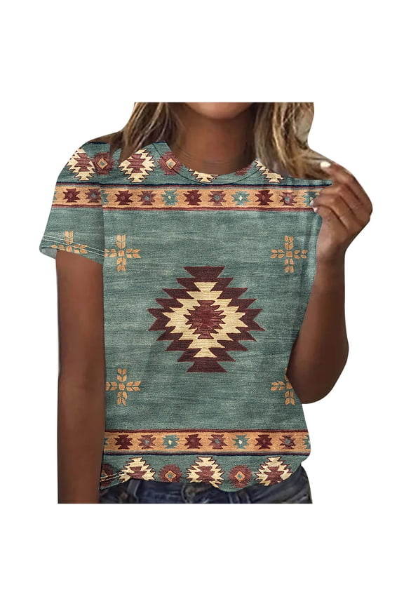ICHUANYI Womens Ethnic Print Crew Neck Short Sleeve T-shirt Loose Top Shirts Fashion Clothing