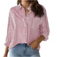 thumbnail image 1 of ICHUANYI Womens Fall Fashion Loose Striped Shirts Button Down Lapel Long Sleeve Blouses V Neck Casual Tops with Pocket, 1 of 6