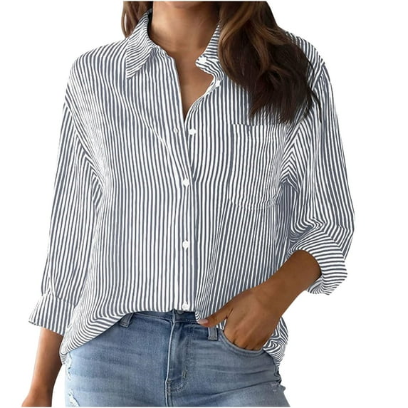 ICHUANYI Womens Fall Fashion Loose Striped Shirts Button Down Lapel Long Sleeve Blouses V Neck Casual Tops with Pocket