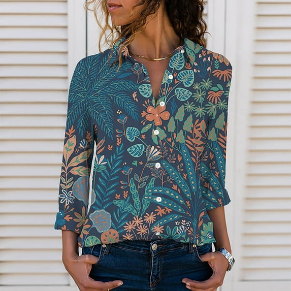 ICHUANYI Womens Fall Print Shirts Lapel Long Sleeve Button Down Blouses V Neck Casual Loose Tops