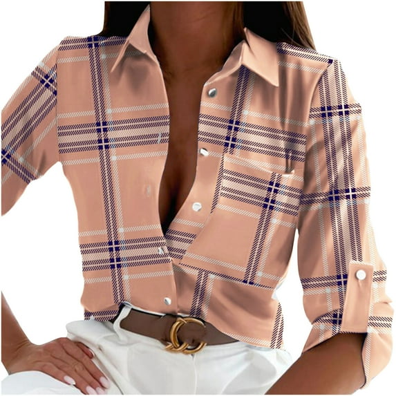 ICHUANYI Womens Fall Print Shirts Lapel Long Sleeve Button Down Blouses V Neck Casual Loose Tops