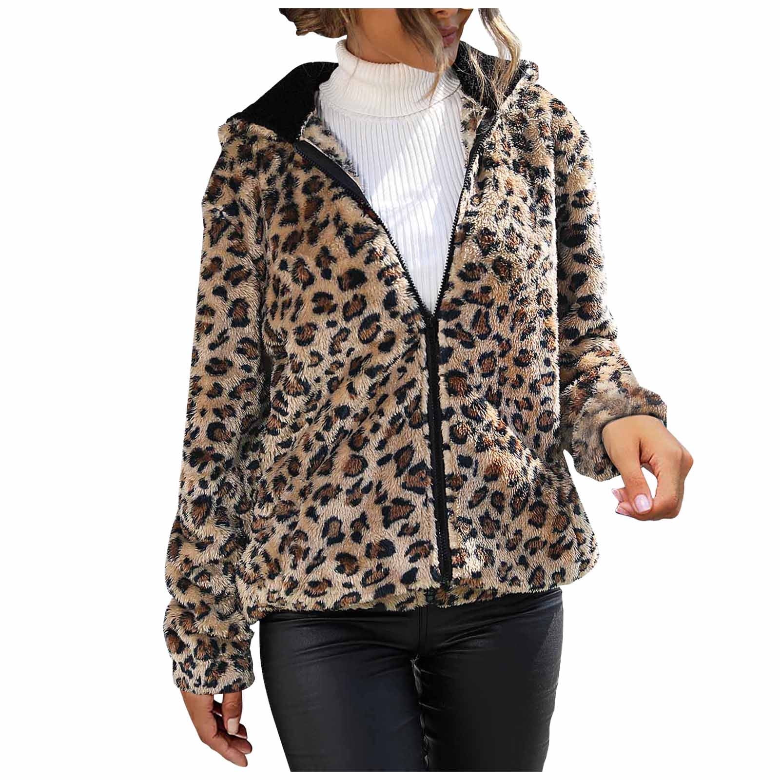 Fuzzy Leopard Hooded Long Sleeve Jacket