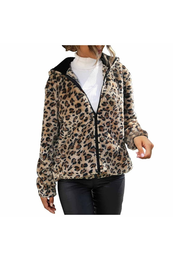 ICHUANYI Womens Fall Winter Fashion Mid-Long Fuzzy Thicken Jacket Leopard Print Hooded Zipper Coats Outerwear with Pockets
