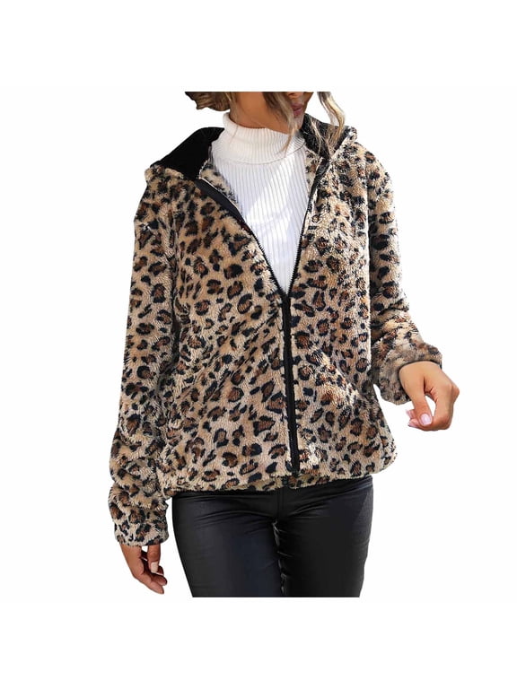 ICHUANYI Womens Fall Winter Fashion Mid-Long Fuzzy Thicken Jacket Leopard Print Hooded Zipper Coats Outerwear with Pockets