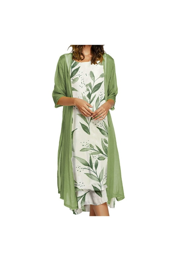 ICHUANYI Womens Fashion Casual Floral Print Sleeveless Dress Solid Chiffon Cardigan Two-Piece Sets