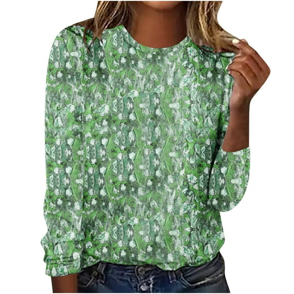 ICHUANYI Womens Fashion Casual Long Sleeve Shirt Floral Printed Round Neck Loose T-shirt Tops Fall Winter Outwear