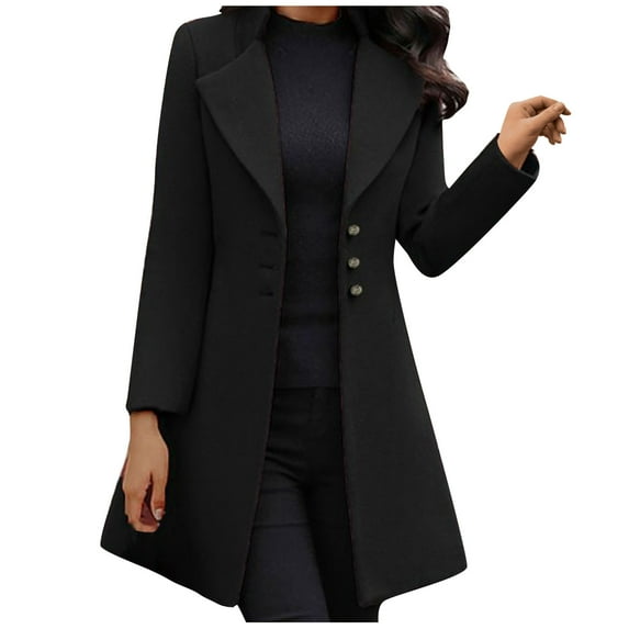 ICHUANYI Womens Fashion Coat Solid Lapel Long Sleeve Woolen Long Jacket Fall Winter Clothes Outfits 2023