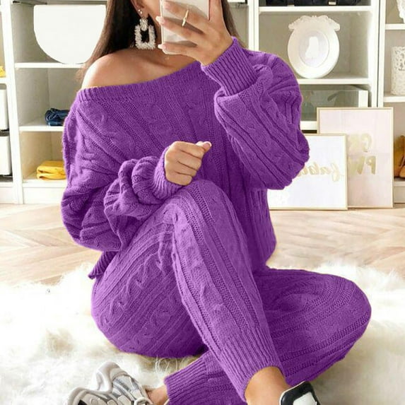 ICHUANYI Womens Fashion Crew Neck Sweater Solid Cable Knitted Warm 2 PC Loungewear Suit Sets Fall Winter Promotion