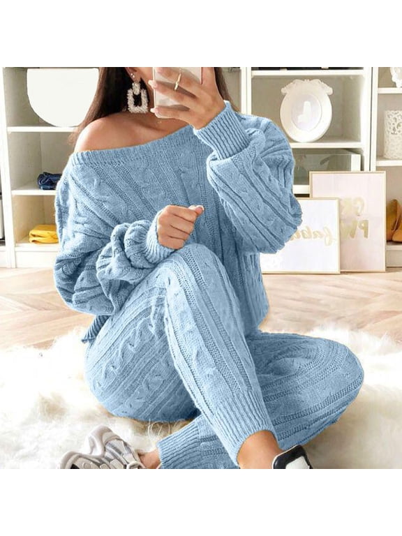 ICHUANYI Womens Fashion Crew Neck Sweater Solid Cable Knitted Warm 2 PC Loungewear Suit Sets Fall Winter Promotion