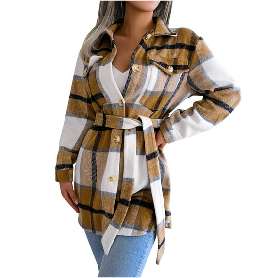 ICHUANYI Womens Fashion Flannel Shirt Jacket Warm Button Up Plaid Coat Fall Winter Clothes Outfits 2023