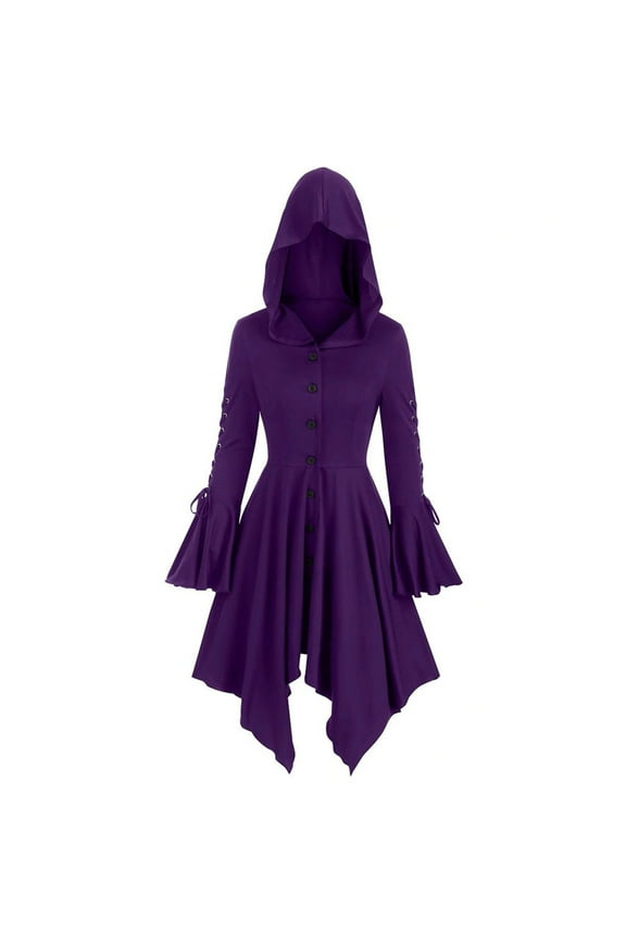 ICHUANYI Womens Fashion Hooded Jacket Lace Long Sleeve Button Up Hanky Hem Skirted Gothic Coat