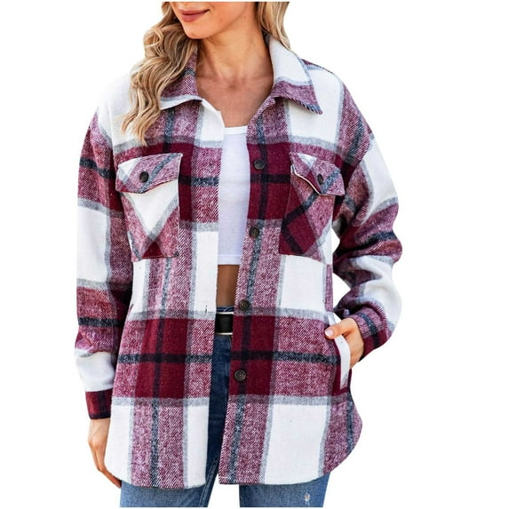 ICHUANYI Womens Fashion Plaid Button Long Sleeve Shirt Coat Flannel Jacket Loose Shirts Fall Winter Clothes Outfits 2023