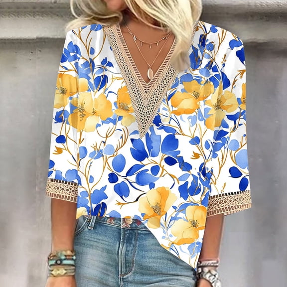 ICHUANYI Womens Fashion Printed 3/4 Length Sleeve Blouses V Neck Shirts Dressy Flowy Loose Tunic Tops