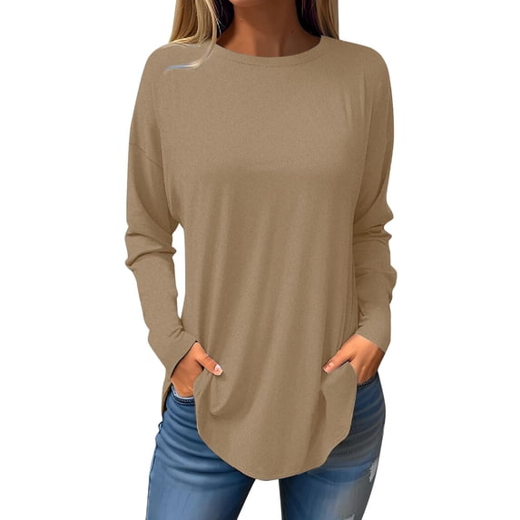 ICHUANYI Womens Fashion Round Neck Solid Color Fall Pullover Long Sleeve Shirts Tops