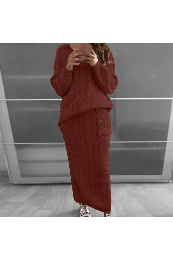 ICHUANYI Womens Fashion Solid Color Crew Neck Sweater Suit Set Long Sleeve Cable Knitted Warm Fall Winter 2 Piece Sets