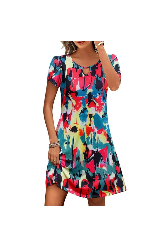 ICHUANYI Womens Fashion Summer Crew Neck Dress Short Sleeve Floral Print Mini Dresses