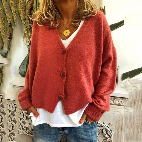 ICHUANYI Womens Fashion V Neck Sweater Cardigan Buttons Casual Stretchy Knitted Coats Fall Winter Outwear