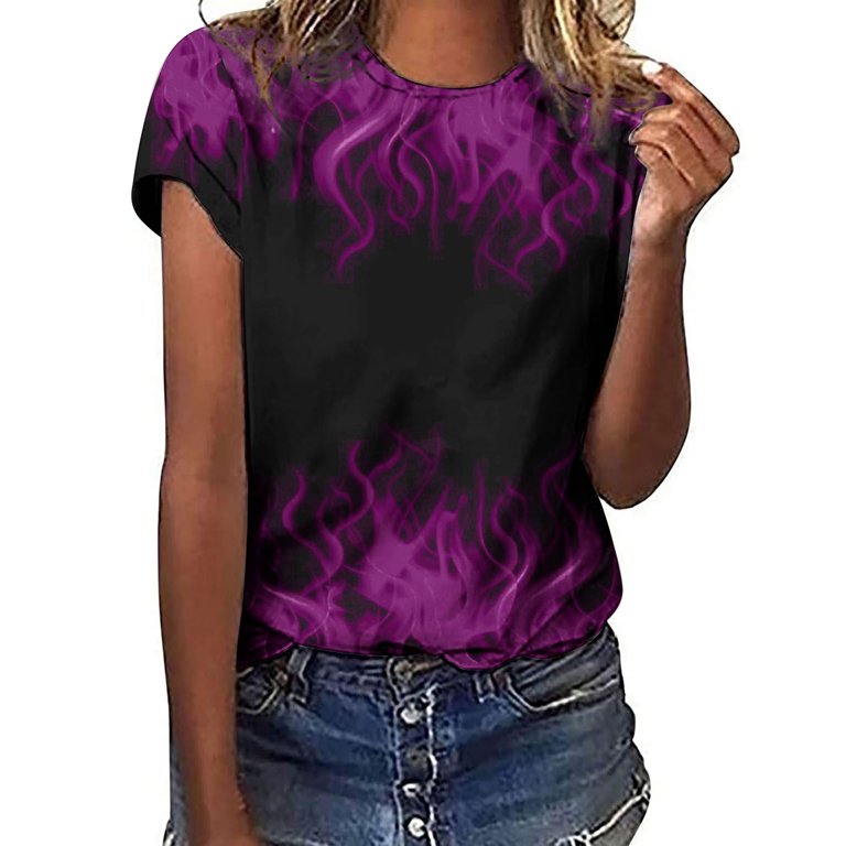 ICHUANYI Womens Flame Print Crew Neck Short Sleeve Top Short