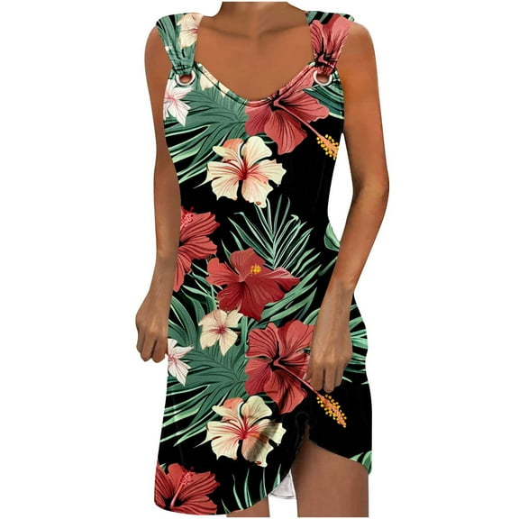 ICHUANYI Womens Floral Print Dresses Summer Elegant Casual V-Neck Tank Dress With Strap