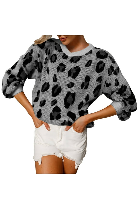 ICHUANYI Womens Leopard Print Sweaters Trendy Long Sleeve Crew Neck Knit Pullover Jumper Tops Fall Winter Cloth