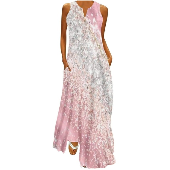ICHUANYI Womens Long Dress Fashion Loose Tank Dress V-neck Pocket Sundress Sleeveless Beach Dresses Trendy 2024