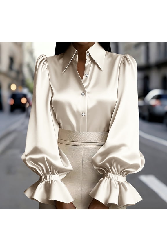 ICHUANYI Womens Long Sleeve Button Down Cardigan Shirt with Puff Sleeve, Loose Fit Casual Collared Tops