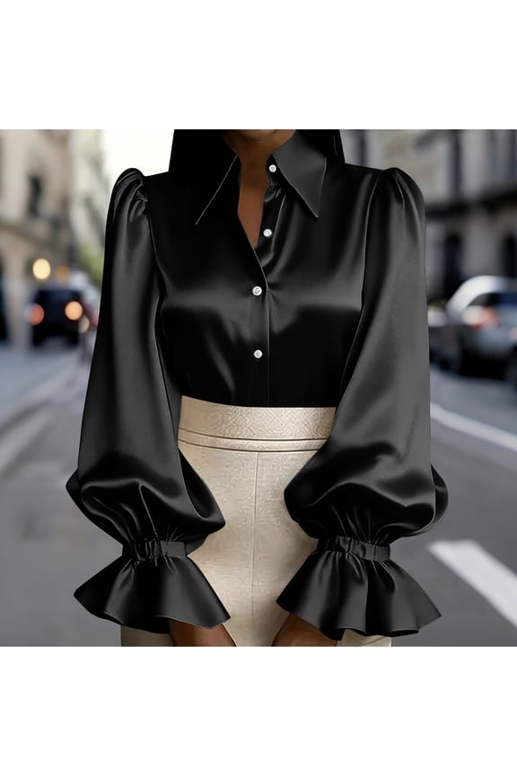 ICHUANYI Womens Long Sleeve Button Down Cardigan Shirt with Puff Sleeve, Loose Fit Casual Collared Tops