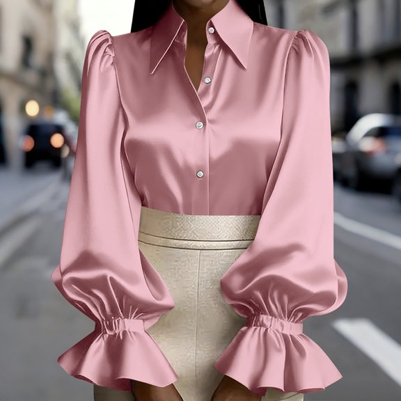 ICHUANYI Womens Long Sleeve Button Down Cardigan Shirt with Puff Sleeve, Loose Fit Casual Collared Tops